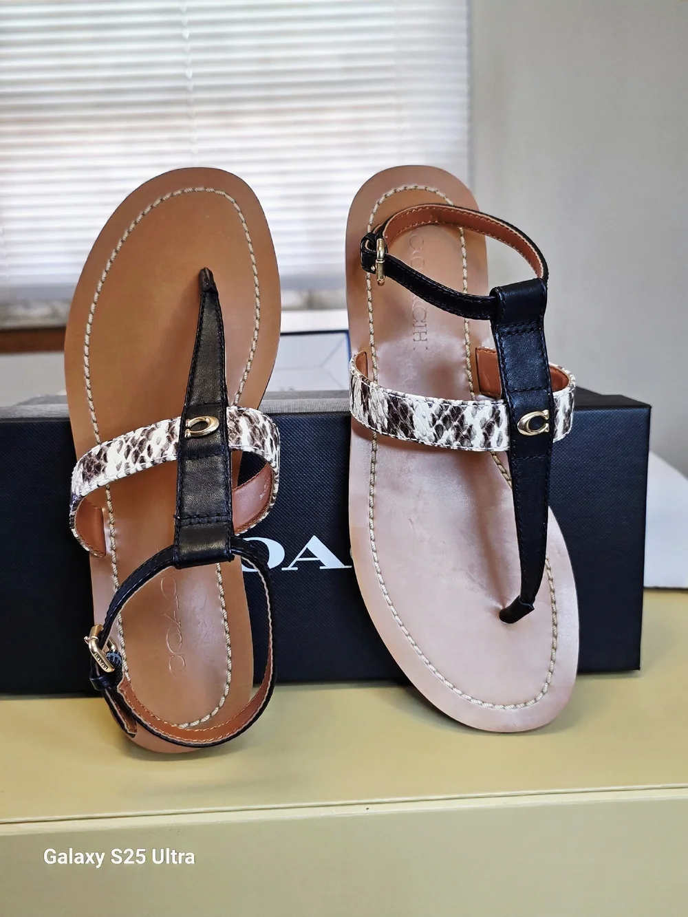 COACH Liza COH Leather Sandal In Black/Natural  Size 7.5B